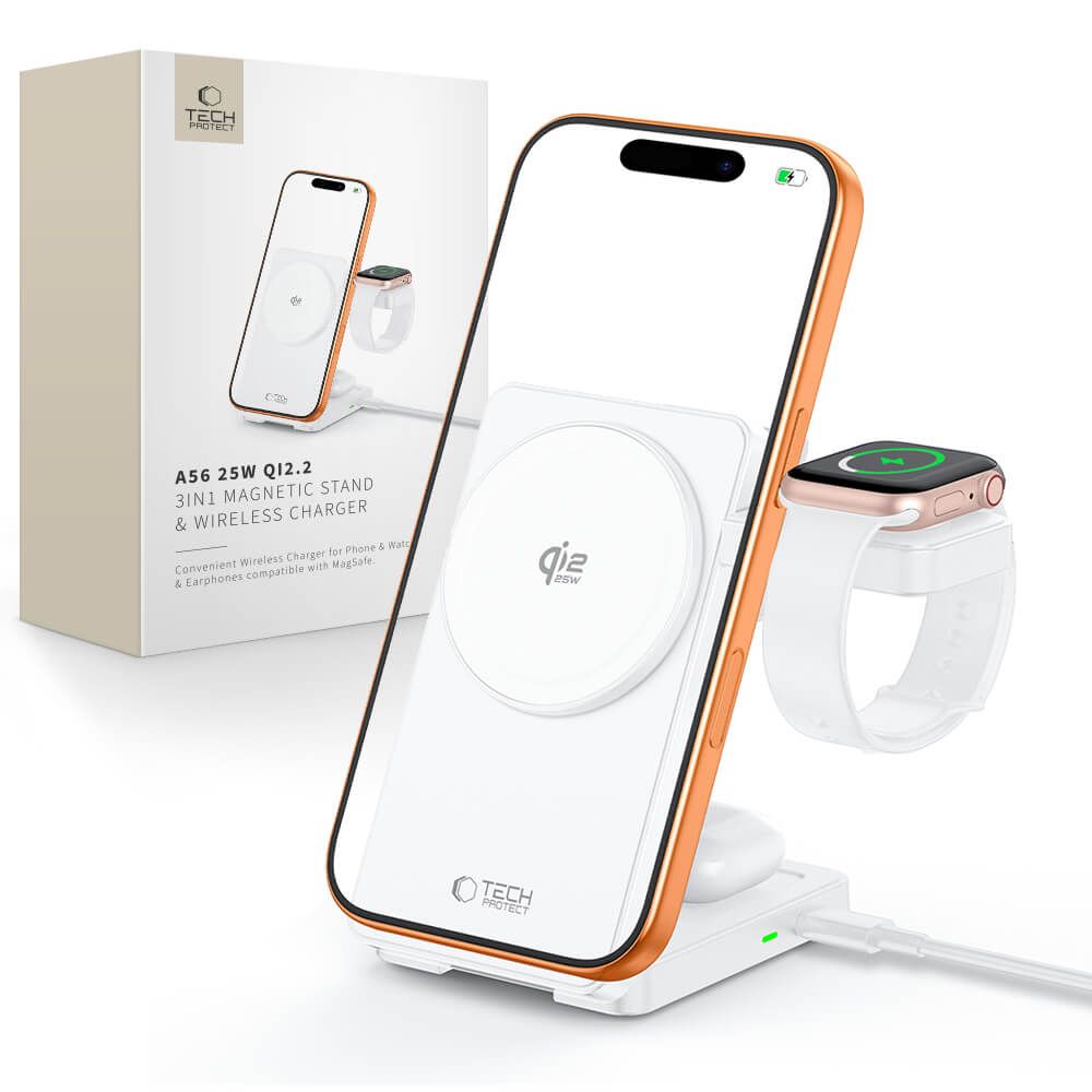 Tech-Protect A56 3 az 1-ben mágneses MagSafe vezeték nélküli töltő 25 W Qi2.2 fehér-0