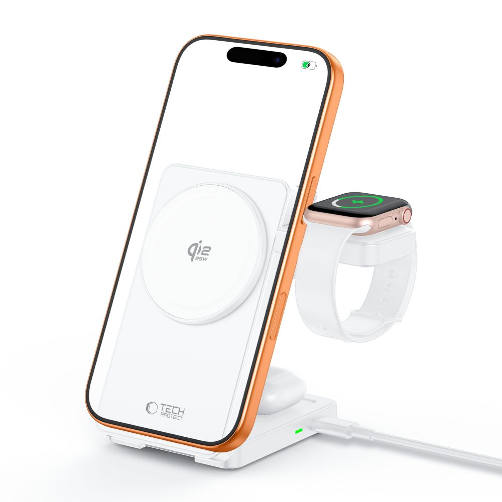 Tech-Protect A56 3 az 1-ben mágneses MagSafe vezeték nélküli töltő 25 W Qi2.2 fehér-1