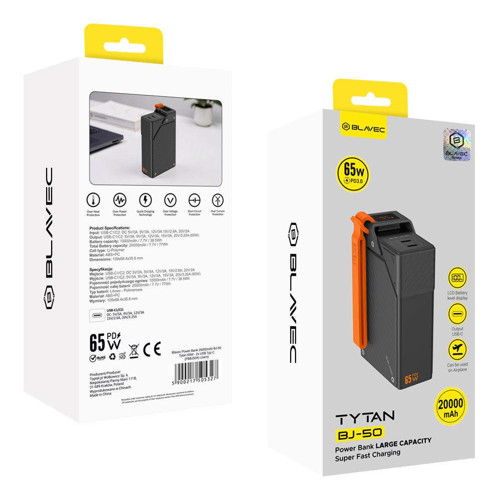  Blavec Powerbank 20000 mAh BJ-50 Tytan 65 W – 2x USB-C (PBBJ50A) fekete-7