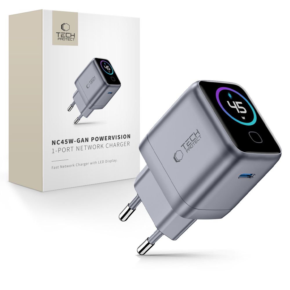 Tech-Protect PowerVision NC45W-GaN 45 W-os USB-C hálózati töltő, sötétszürke-0