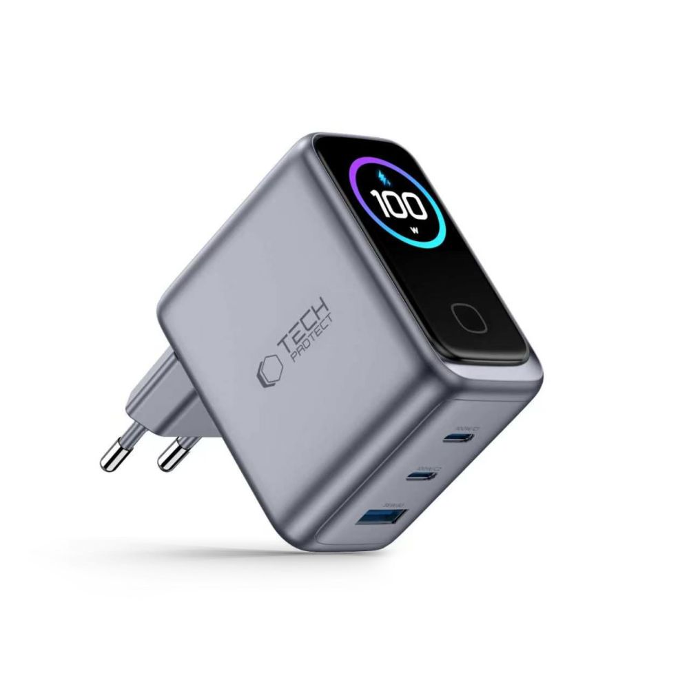 Tech-Protect PowerVision NC100W-GaN 3 portos 100 W-os hálózati töltő, sötétszürke (2×USB-C, 1×USB-A)-1