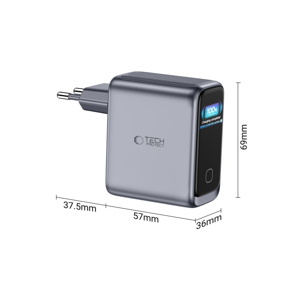 Tech-Protect PowerVision NC100W-GaN 3 portos 100 W-os hálózati töltő, sötétszürke (2×USB-C, 1×USB-A)-3