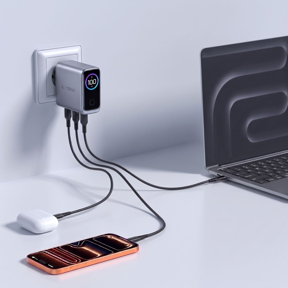 Tech-Protect PowerVision NC100W-GaN 3 portos 100 W-os hálózati töltő, sötétszürke (2×USB-C, 1×USB-A)-5