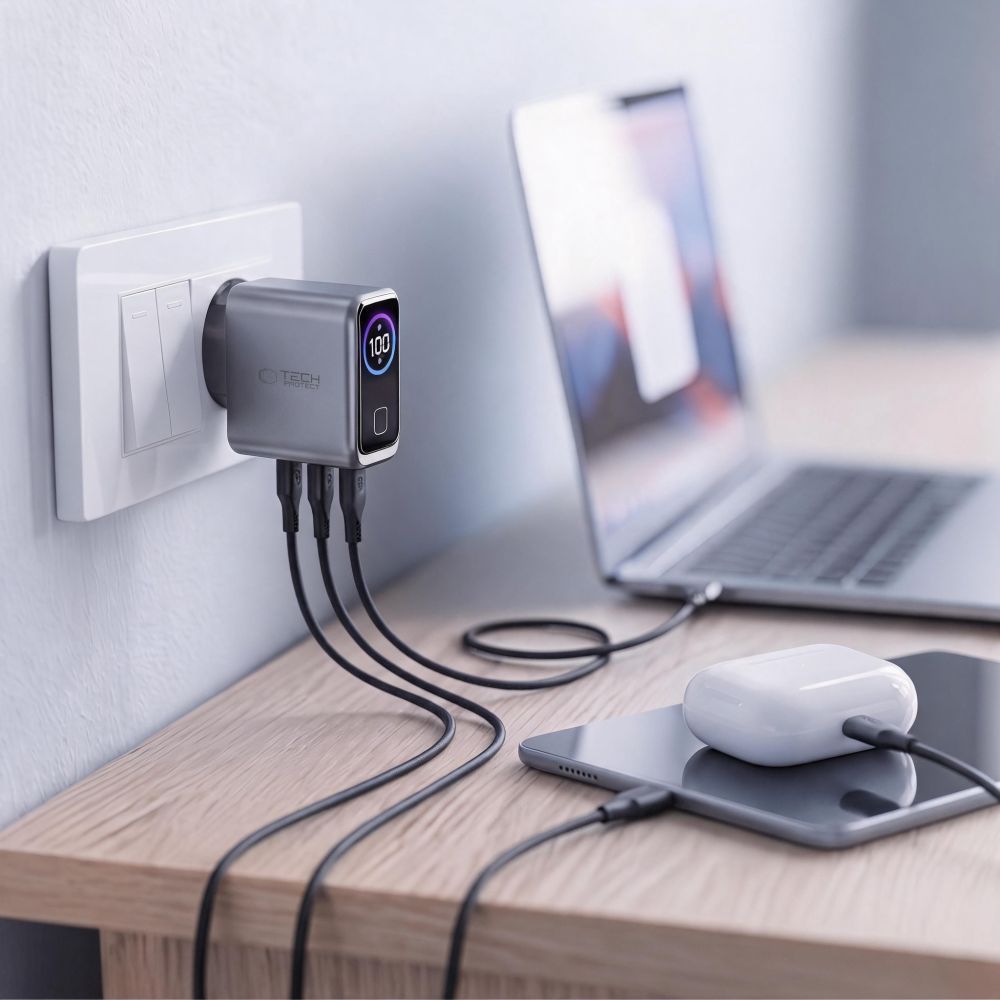 Tech-Protect PowerVision NC100W-GaN 3 portos 100 W-os hálózati töltő, sötétszürke (2×USB-C, 1×USB-A)-7