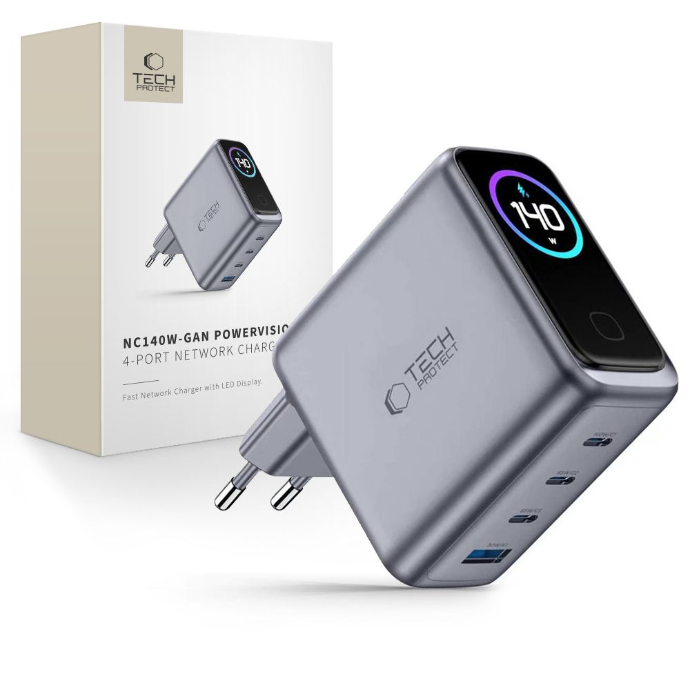 Tech-Protect PowerVision NC140W-GaN 140 W-os 4 portos hálózati töltő, sötétszürke (3×USB-C, 1x USB-A)-0