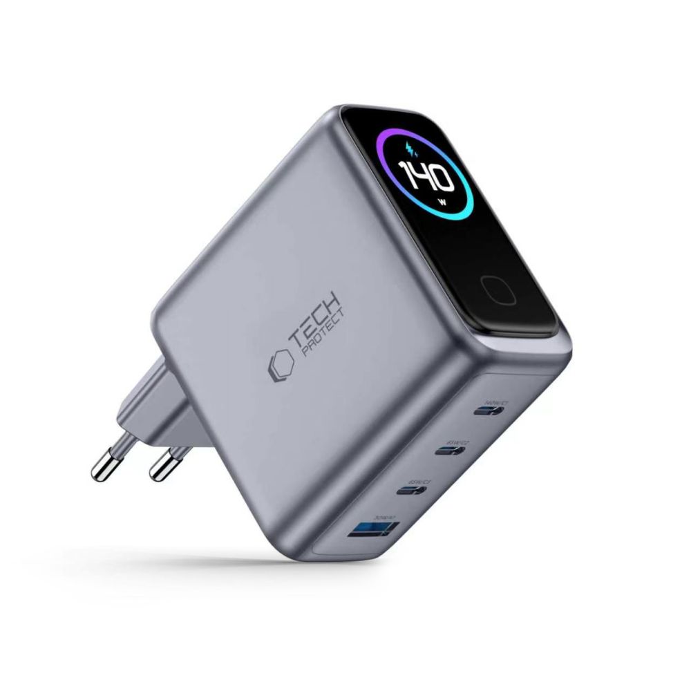 Tech-Protect PowerVision NC140W-GaN 140 W-os 4 portos hálózati töltő, sötétszürke (3×USB-C, 1x USB-A)-1