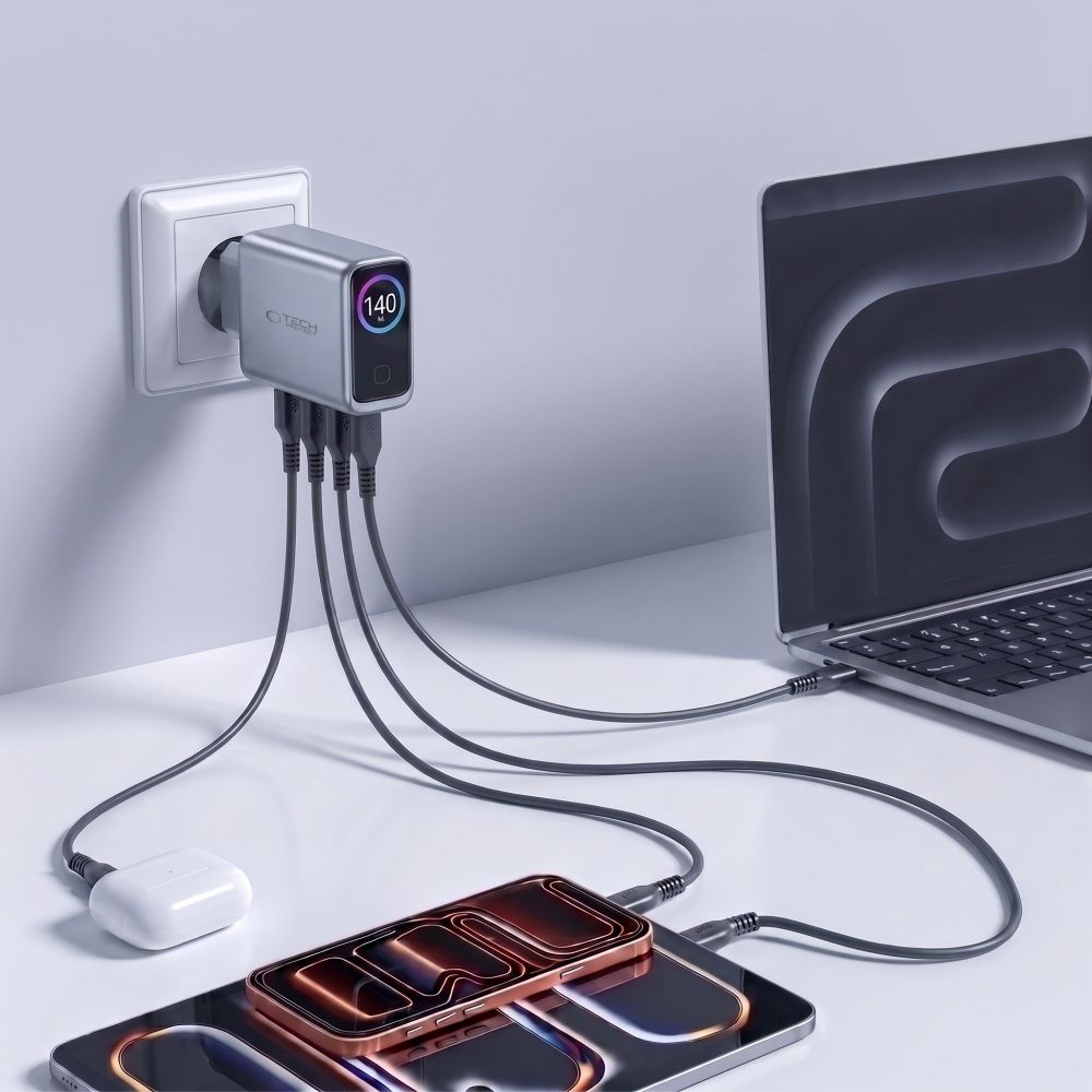 Tech-Protect PowerVision NC140W-GaN 140 W-os 4 portos hálózati töltő, sötétszürke (3×USB-C, 1x USB-A)-5