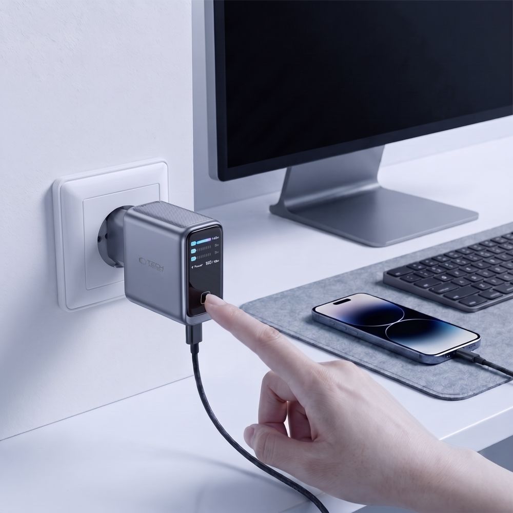 Tech-Protect PowerVision NC140W-GaN 140 W-os 4 portos hálózati töltő, sötétszürke (3×USB-C, 1x USB-A)-6