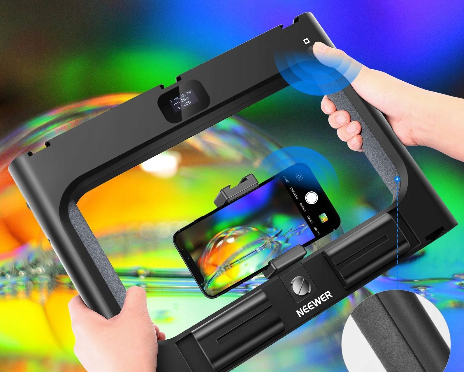 Neewer RGB-A111 20 W-os LED keretlámpa telefontartóval-8
