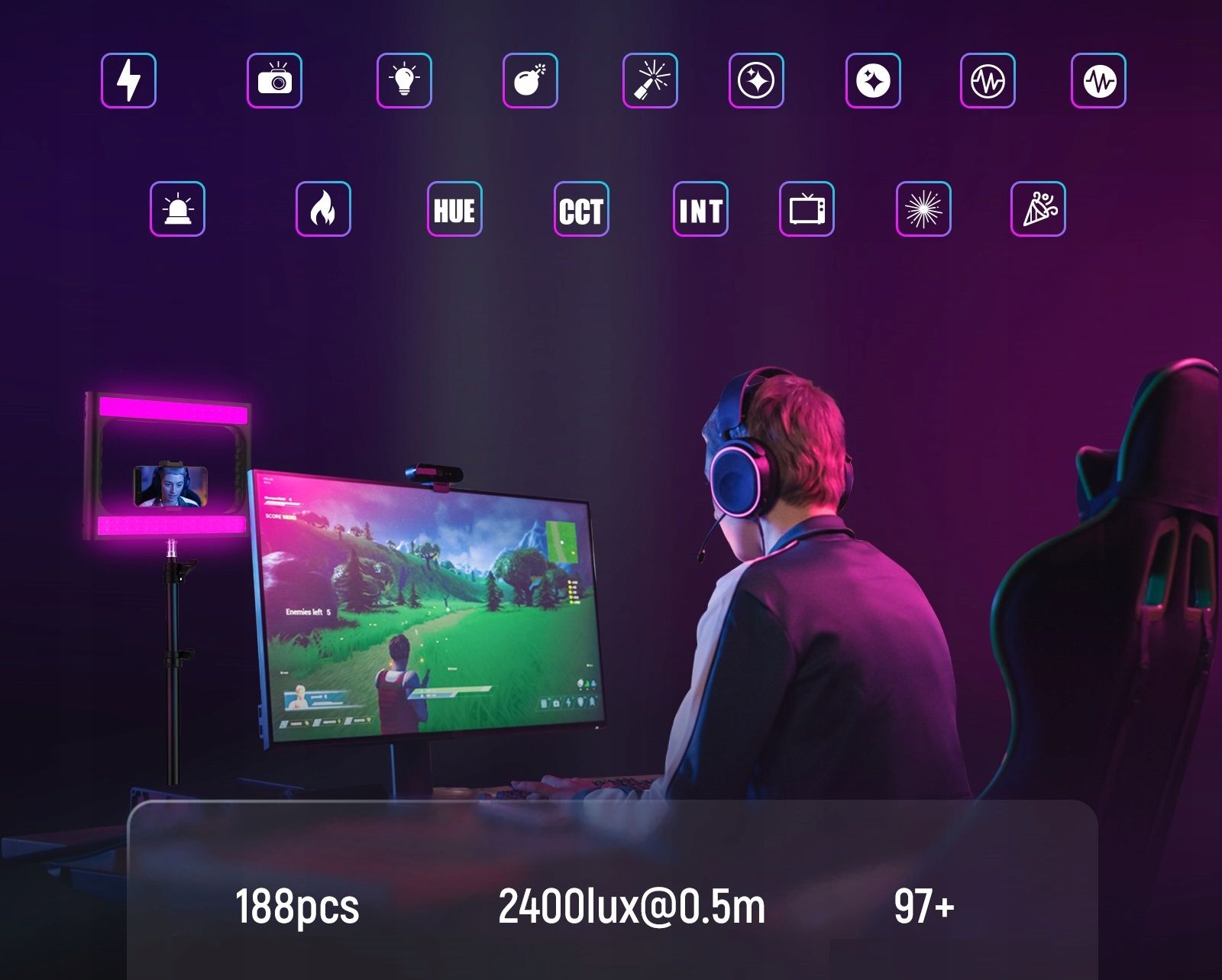 Neewer RGB-A111 20 W-os LED keretlámpa telefontartóval-6