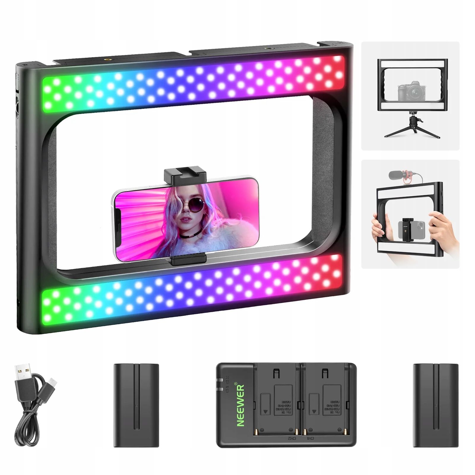 Neewer RGB-A111 20 W-os LED keretlámpa telefontartóval-4