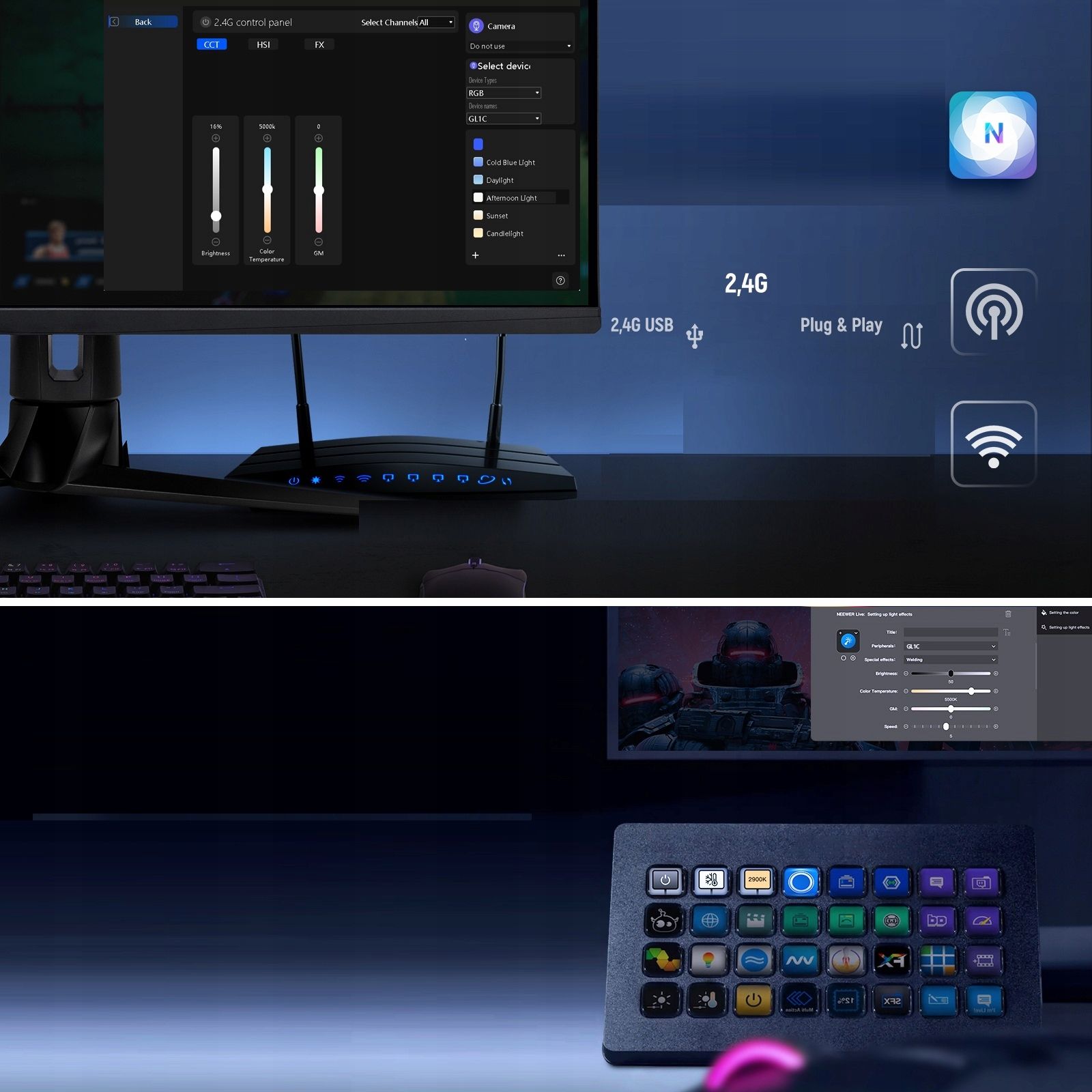 Neewer GL1C RGBWW LED lámpa asztali állvánnyal-5