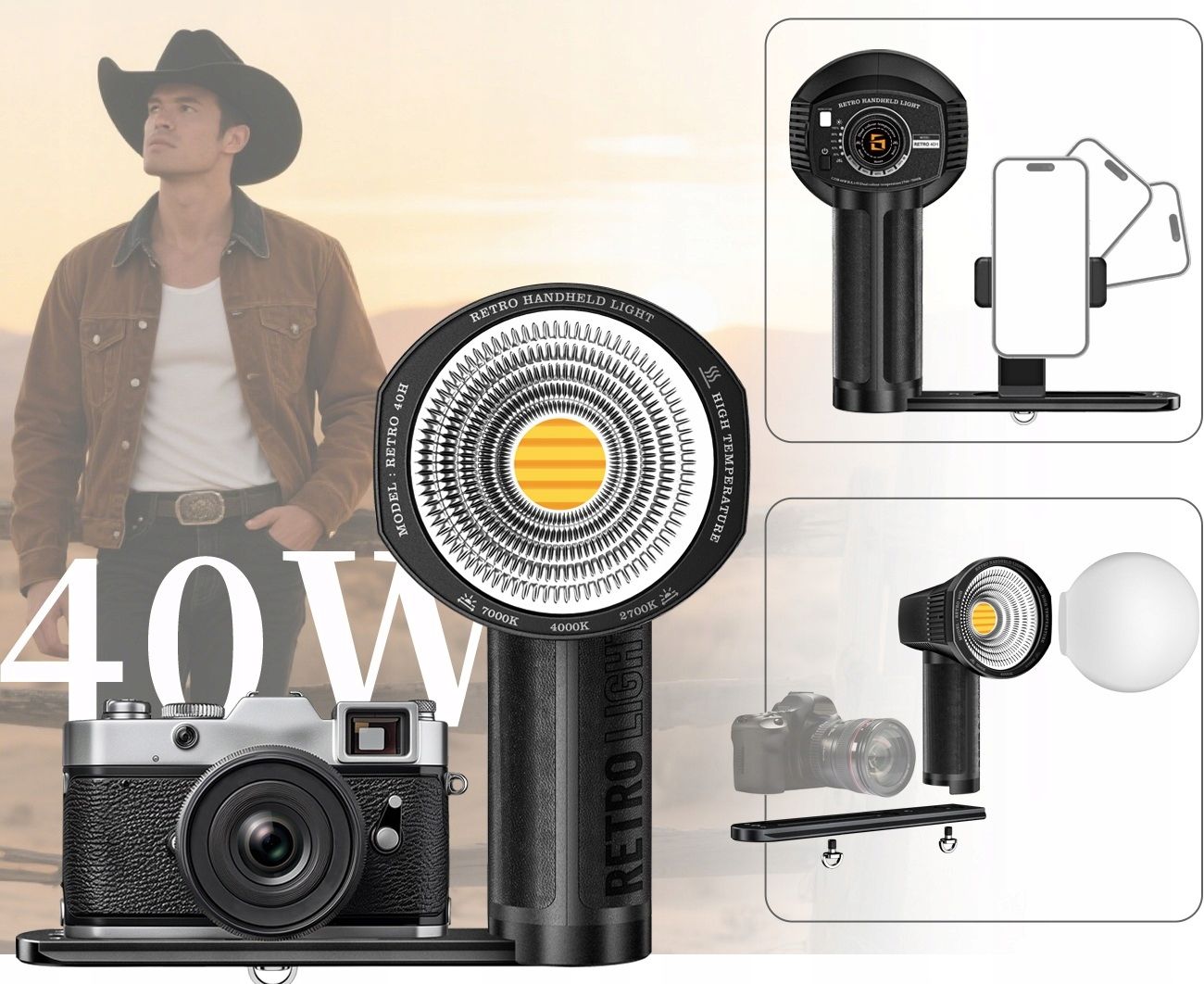 LensGo 40H retro kézi COB LED lámpa, 40 W, 2700–7000 K-11