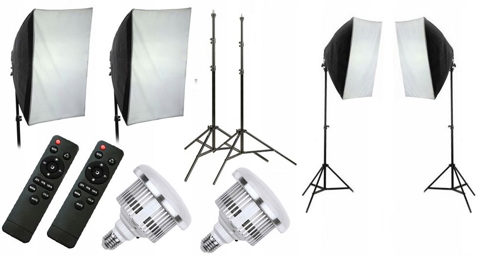 10 az 1-ben készlet 2x 1600 W-os LED lámpa 3000–6500 K távirányítóval, 50x70 softboxszal, 230 cm-es állvánnyal / 2x LED803-0