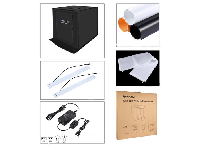 PULUZ PU5060EU LED fénydoboz 60 x 60 x 60 cm, fekete, fehér és narancssárga háttérrel-6