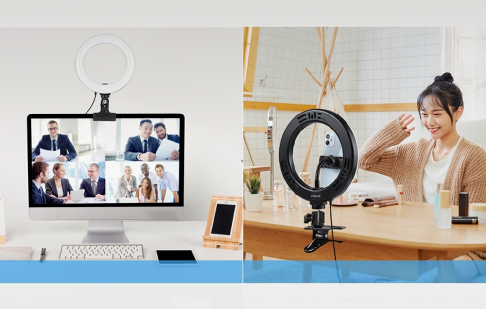 PULUZ 20 cm-es LED gyűrűs lámpa monitorcsipesszel és telefontartóval, fekete-3
