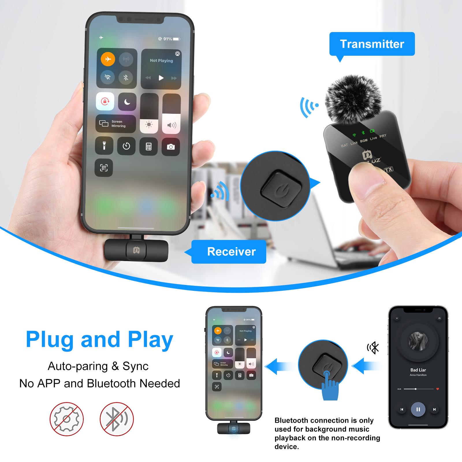 PULUZ vezeték nélküli csiptetős mikrofon Lightning (iPhone 15 előtti szériák) vevőegységgel, fekete-1