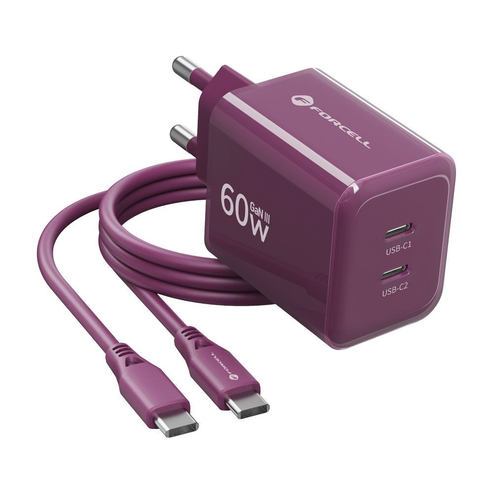 Forcell F-Energy GaN III Crystal Color VT-60 60 W-os hálózati töltő 2 db USB-C porttal és bordó USB-C–USB-C szilikonkábellel-1