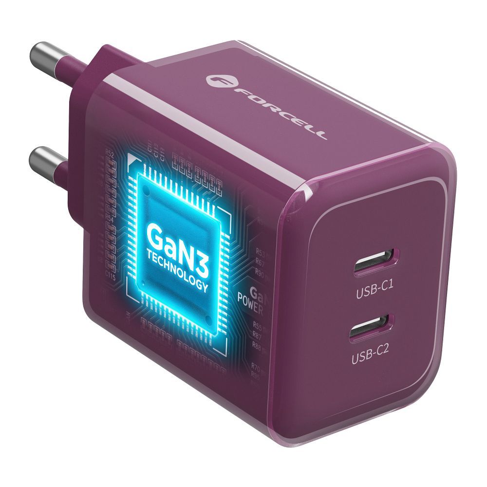 Forcell F-Energy GaN III Crystal Color VT-60 60 W-os hálózati töltő 2 db USB-C porttal és bordó USB-C–USB-C szilikonkábellel-2