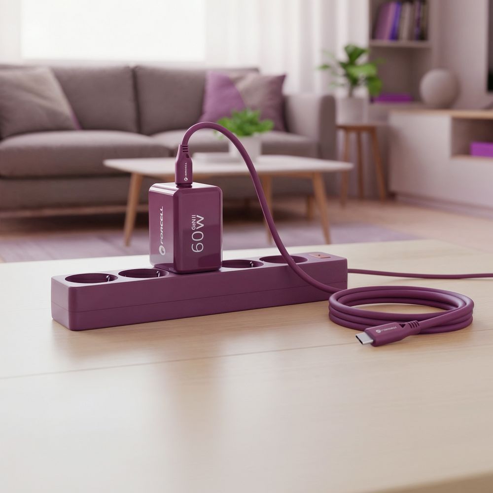 Forcell F-Energy GaN III Crystal Color VT-60 60 W-os hálózati töltő 2 db USB-C porttal és bordó USB-C–USB-C szilikonkábellel-3