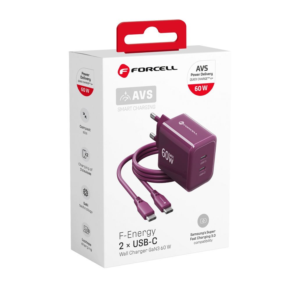 Forcell F-Energy GaN III Crystal Color VT-60 60 W-os hálózati töltő 2 db USB-C porttal és bordó USB-C–USB-C szilikonkábellel-4