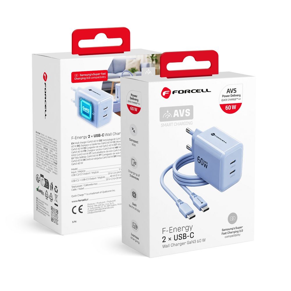 Forcell F-Energy GaN III Crystal Color hálózati töltő 2x USB C AVS SSFC3.0 60 W + szilikon kábel USB C – USB C VT-60 kék-0