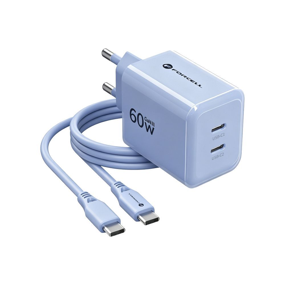 Forcell F-Energy GaN III Crystal Color hálózati töltő 2x USB C AVS SSFC3.0 60 W + szilikon kábel USB C – USB C VT-60 kék-1
