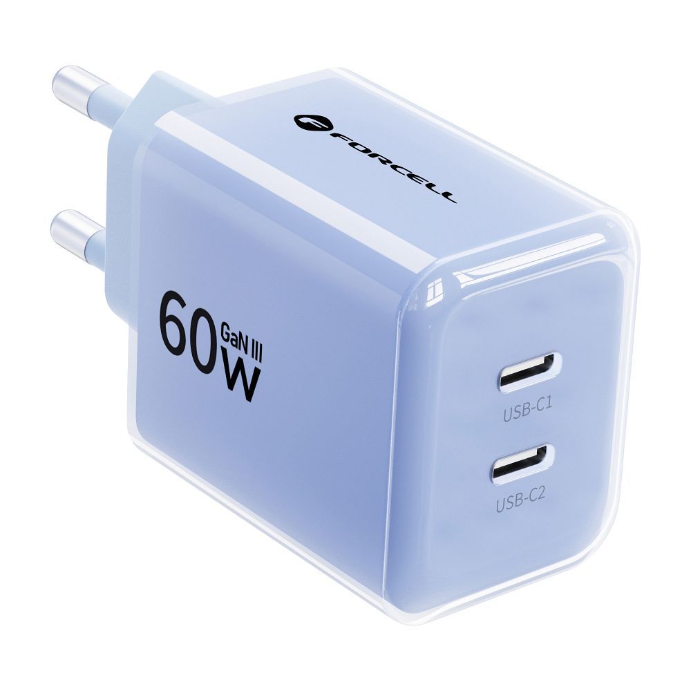 Forcell F-Energy GaN III Crystal Color hálózati töltő 2x USB C AVS SSFC3.0 60 W + szilikon kábel USB C – USB C VT-60 kék-2