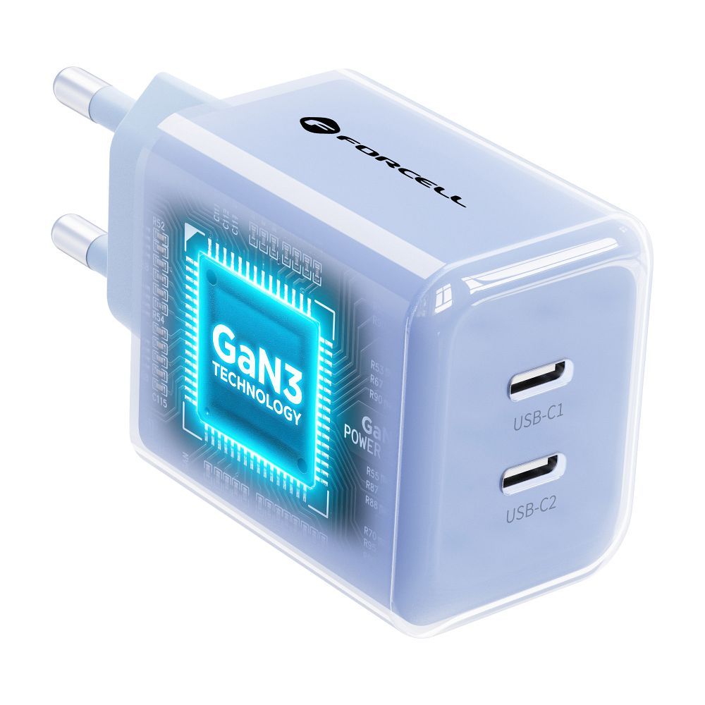 Forcell F-Energy GaN III Crystal Color hálózati töltő 2x USB C AVS SSFC3.0 60 W + szilikon kábel USB C – USB C VT-60 kék-3