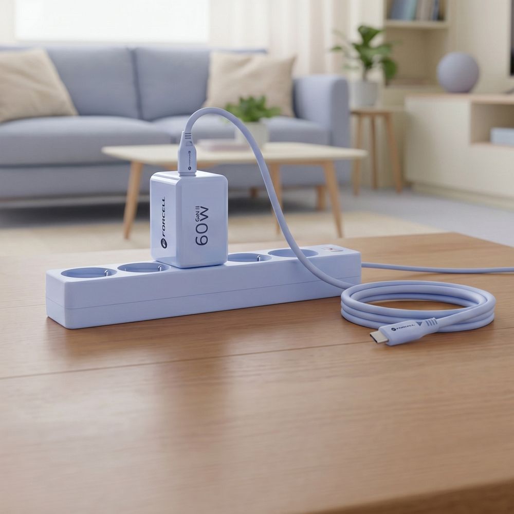 Forcell F-Energy GaN III Crystal Color hálózati töltő 2x USB C AVS SSFC3.0 60 W + szilikon kábel USB C – USB C VT-60 kék-4