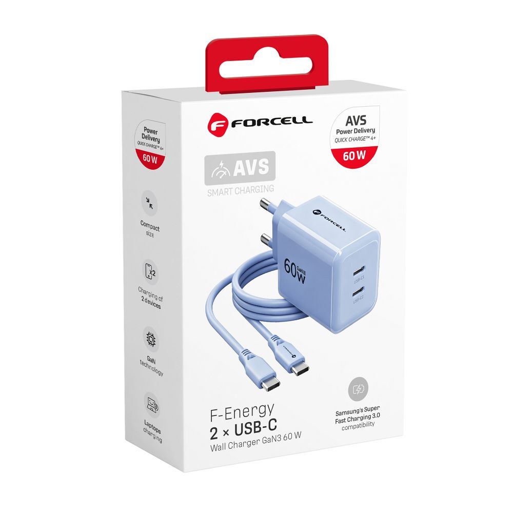Forcell F-Energy GaN III Crystal Color hálózati töltő 2x USB C AVS SSFC3.0 60 W + szilikon kábel USB C – USB C VT-60 kék-5