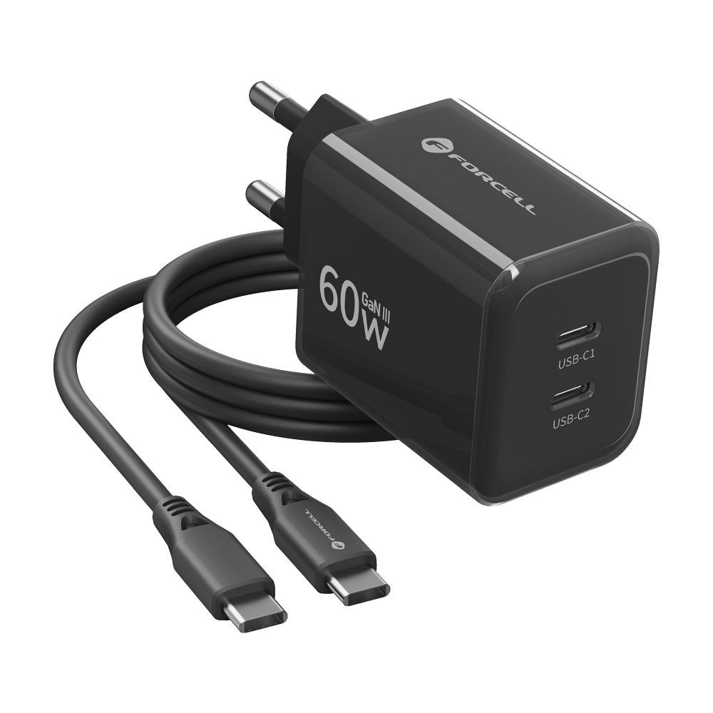 Forcell F-Energy GaN III Crystal Color 2 USB-C hálózati töltő SSFC3.0, 60 W, USB-C–USB-C szilikonkábellel, fekete-1