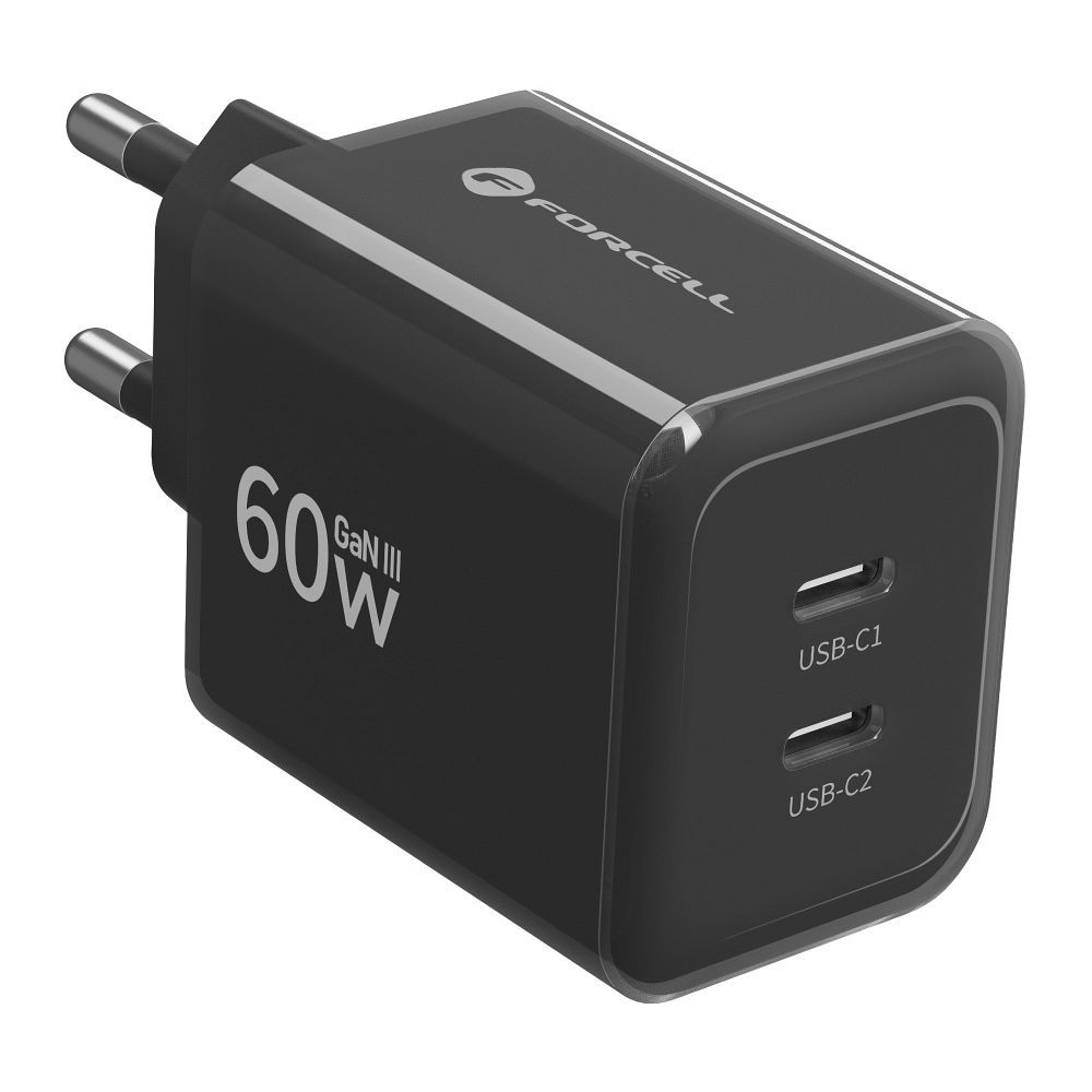 Forcell F-Energy GaN III Crystal Color 2 USB-C hálózati töltő SSFC3.0, 60 W, USB-C–USB-C szilikonkábellel, fekete-2