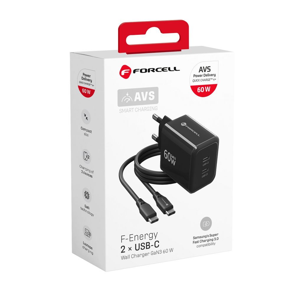Forcell F-Energy GaN III Crystal Color 2 USB-C hálózati töltő SSFC3.0, 60 W, USB-C–USB-C szilikonkábellel, fekete-5