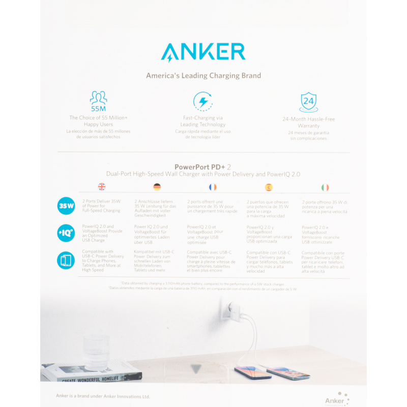 Anker PowerPort PD+ 2 35 W-os, 3 A-es fali töltő, 1 x USB-A – 1 x USB-C, fehér A2636G21-3