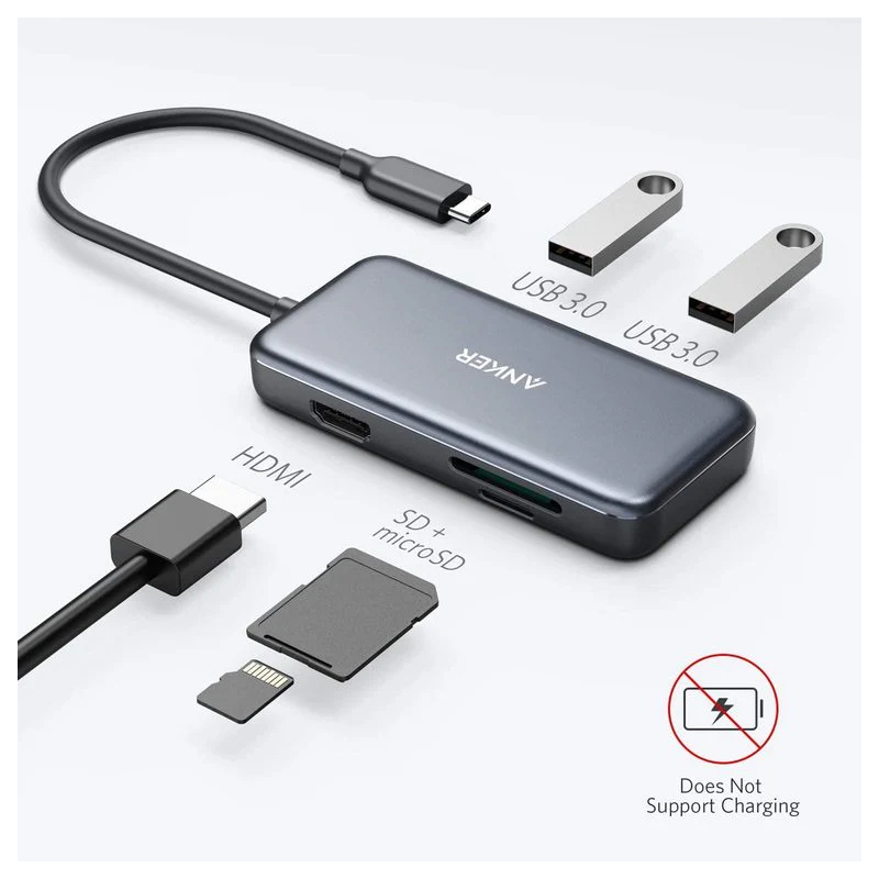 USB-C Hub Anker, 2 x USB-A 3.0 - 1 x HDMI - 1 x SD - 1 x microSD, Black A8334HA1-1