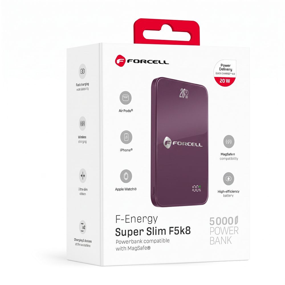 MagSafe-kompatibilis Forcell F-Energy SuperSlim F5K8 gyorstöltő külső akkumulátor QC4.0 PD3.0 15 W 5000 mAh cseresznye powerbank-0