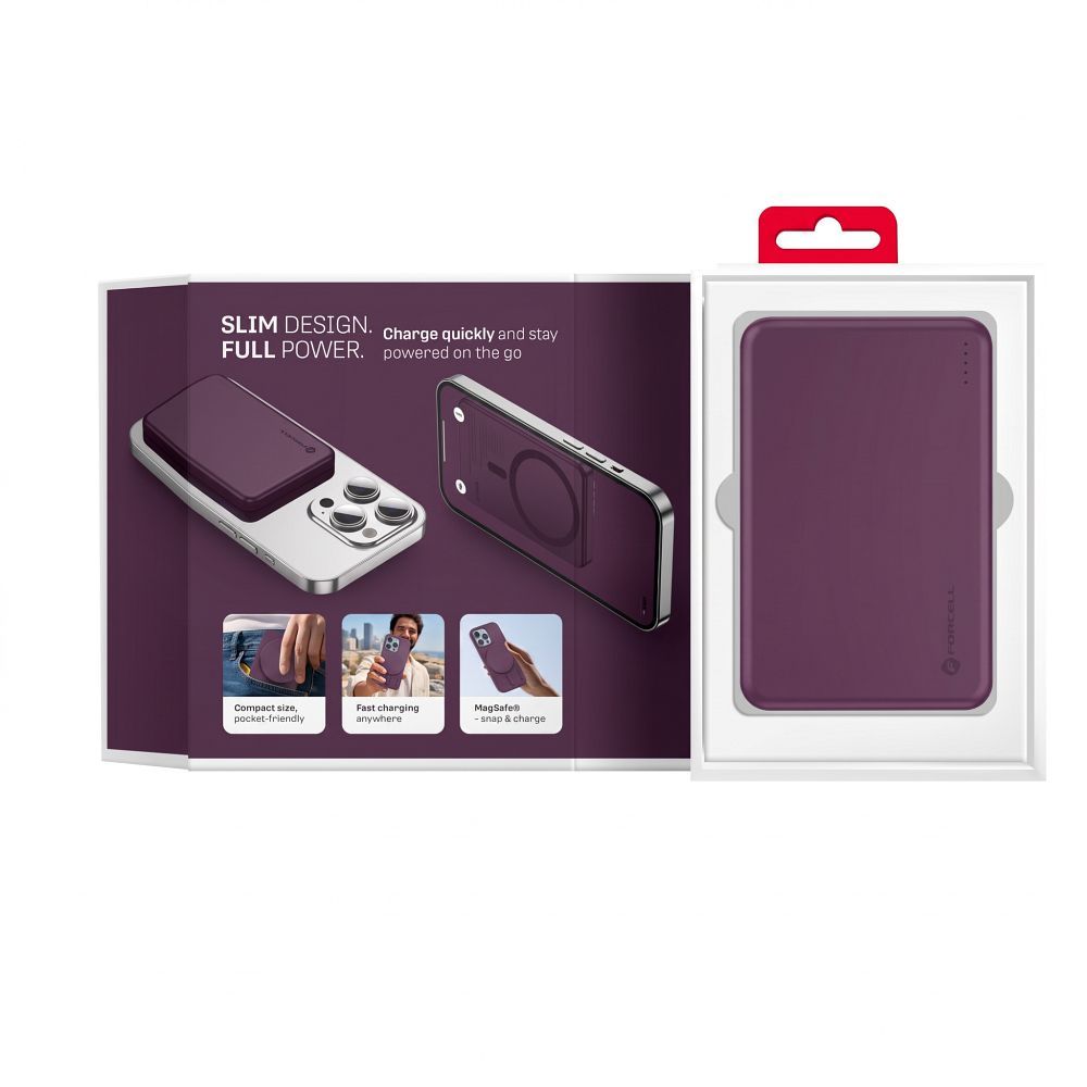Forcell F-Energy Slim F5K9 MagSafe-kompatibilis vezeték nélküli külső akkumulátor 5000 mAh, cseresznyepiros powerbank-1