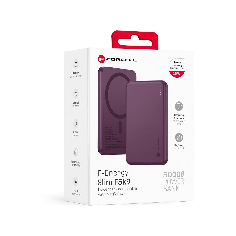 Forcell F-Energy Slim F5K9 MagSafe-kompatibilis vezeték nélküli külső akkumulátor 5000 mAh, cseresznyepiros powerbank-10