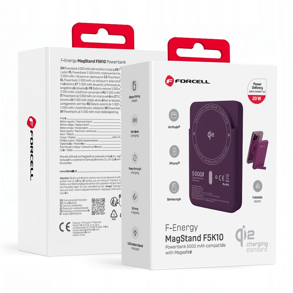Forcell F-Energy MagStand Qi2 F5K10 MagSafe-kompatibilis mágneses powerbank, 5000 mAh, cseresznye powerbank-0