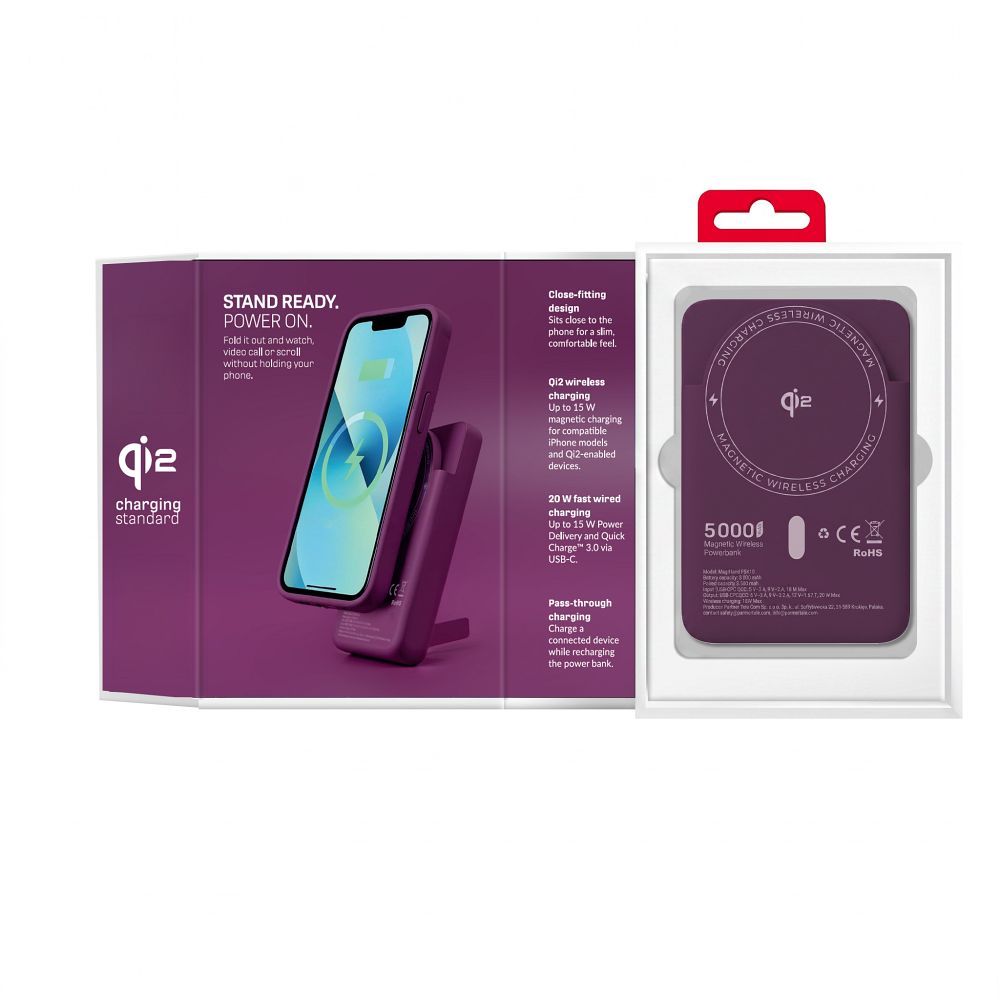 Forcell F-Energy MagStand Qi2 F5K10 MagSafe-kompatibilis mágneses powerbank, 5000 mAh, cseresznye powerbank-3