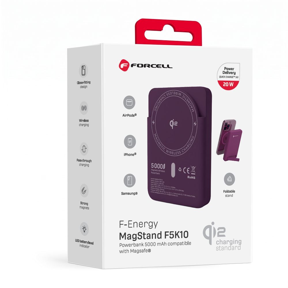Forcell F-Energy MagStand Qi2 F5K10 MagSafe-kompatibilis mágneses powerbank, 5000 mAh, cseresznye powerbank-4