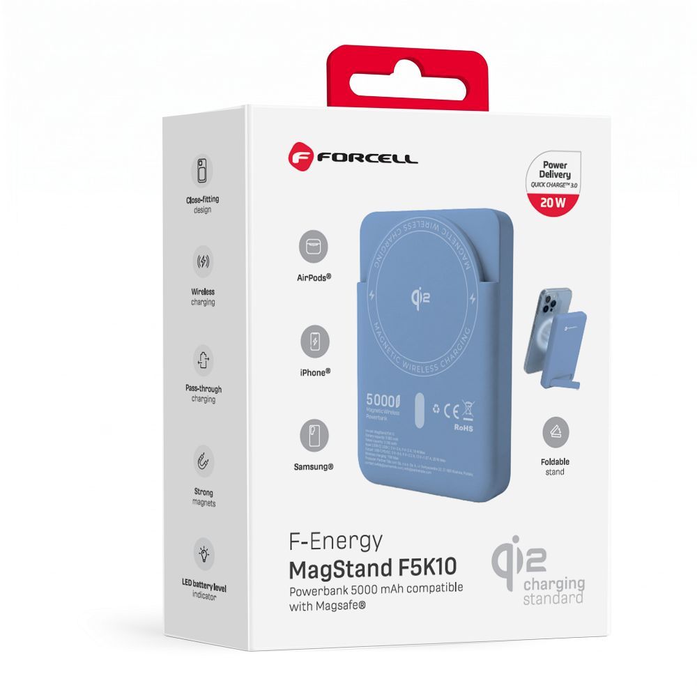 MagSafe-kompatibilis Forcell F-Energy MagStand Qi2 F5K10 QC3.0 PD3.0 20 W 5000 mAh fehér külső akkumulátor powerbank-4