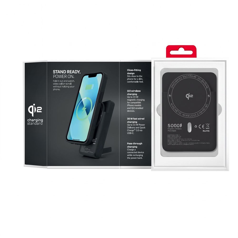 Forcell F-Energy MagStand Qi2 F5K10 fekete mágneses külső akkumulátor 5000 mAh, 20 W powerbank-3