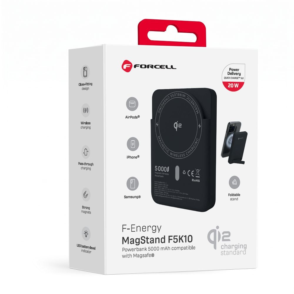 Forcell F-Energy MagStand Qi2 F5K10 fekete mágneses külső akkumulátor 5000 mAh, 20 W powerbank-4