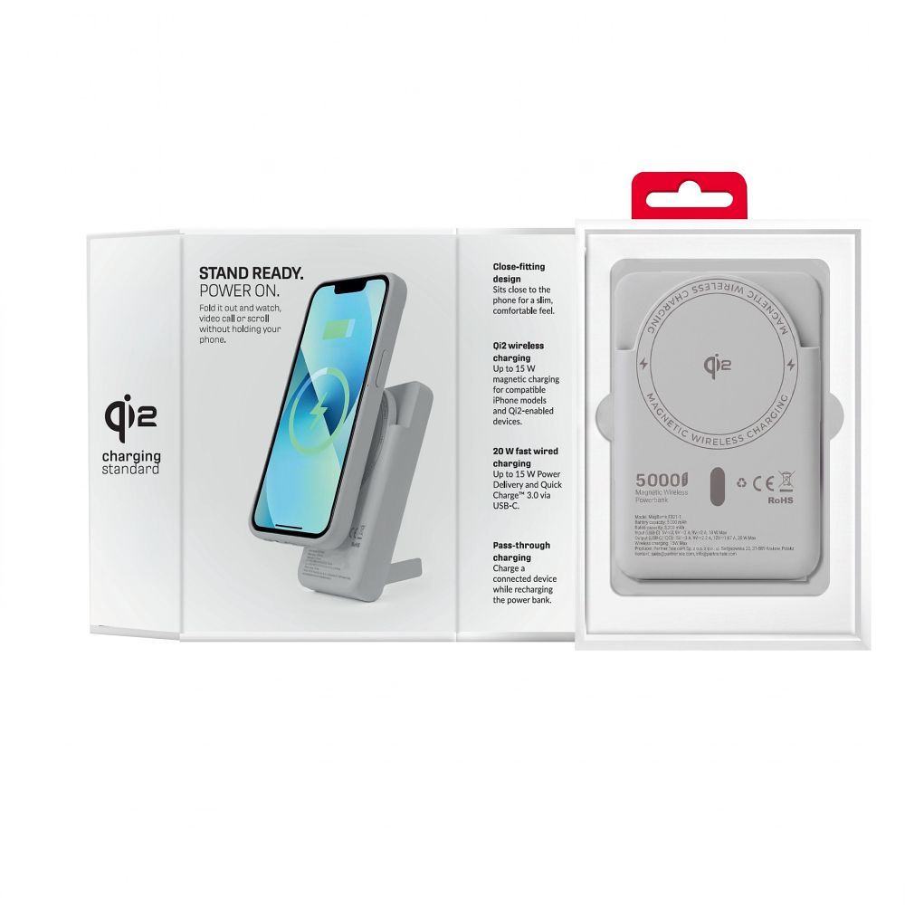 Forcell F-Energy MagStand Qi2 F5K10 mágneses külső akkumulátor 5000 mAh, fehér powerbank-3