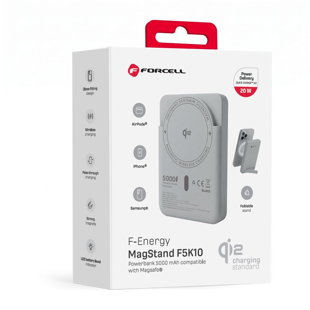 Forcell F-Energy MagStand Qi2 F5K10 mágneses külső akkumulátor 5000 mAh, fehér powerbank-4