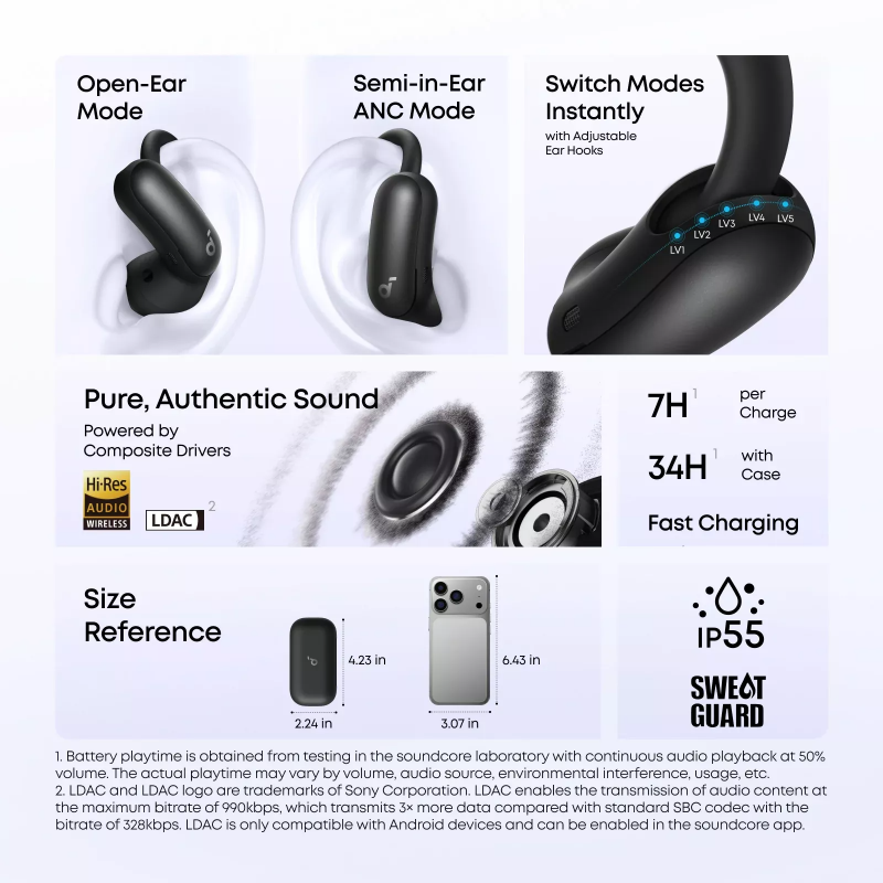 Anker SoundCore AeroFit 2 Pro vezeték nélküli nyitott fülhallgató, fekete A3875G11-6