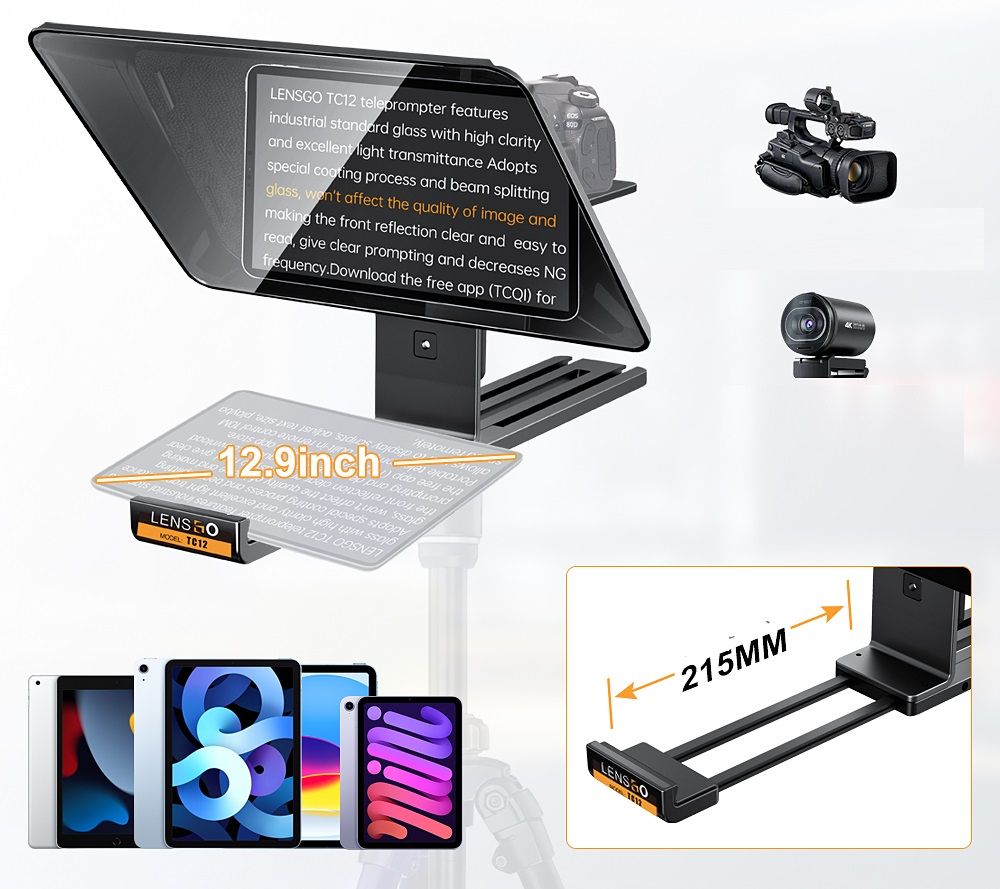LensGo TC12 teleprompter táblagépekhez és fényképezőgépekhez 12,9 hüvelykig távirányítóval, fekete-7