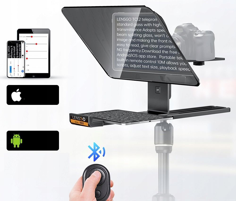 LensGo TC12 teleprompter táblagépekhez és fényképezőgépekhez 12,9 hüvelykig távirányítóval, fekete-6